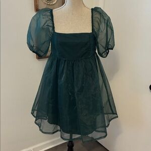 TCEC Holiday Emerald Green Baby Doll Dress Puff Sleeve